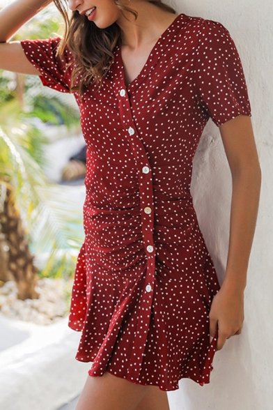 Pretty Short Sleeve Surplice Neck Asymmetric Button Down Polka Dot Print Ruffled Trim Mini Pleated A-Line Dress in Red