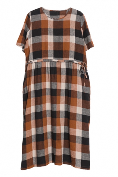 Retro Womens Short Sleeve Round Neck Checker Printed Cotton and Linen Long Swing Dress in Coffee