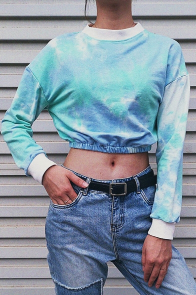 Streetwear Girls Long Sleeve Round Neck Tie Dye Elastic Waist Loose Crop Pullover Sweatshirt