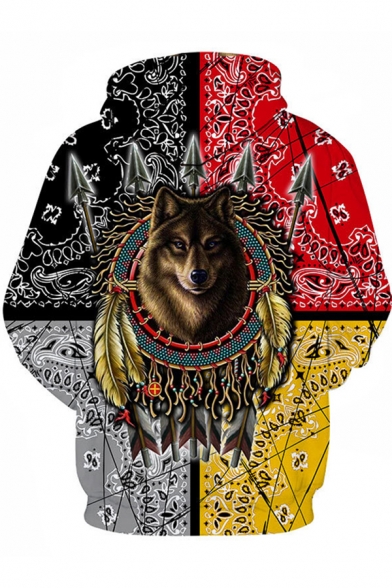 Tribal Style Mens Long Sleeve Drawstring Wolf Floral 3D Printed Colorblocked Loose Fit Hoodie in Gold