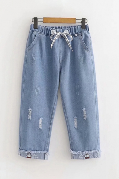 Unique Chic Womens Drawstring Waist Distressed Rabbit Letter Embroidered Cropped Leg Jeans