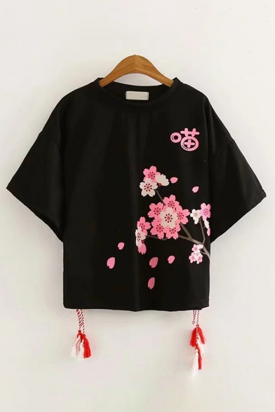 Unique Womens Short Sleeve Round Neck Chinese Letter Floral Printed Tassel Loose Fit T-Shirt