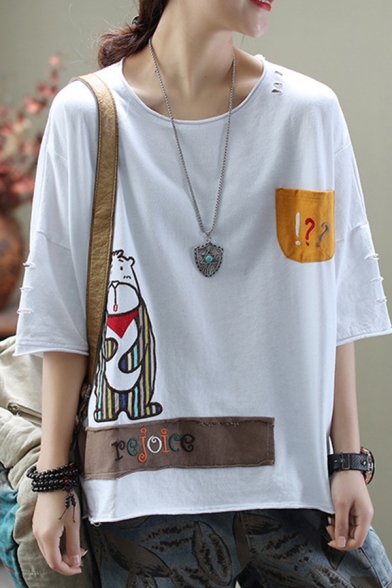 Vintage Womens Short Sleeve Round Neck Cartoon Animal PEJOICE Punctuations Embroidery Patchwork Color Block Ripped Slit Relaxed Tee