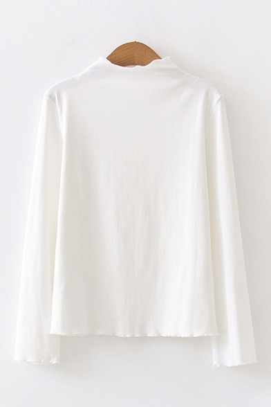 White Chic Long Sleeve Mock Neck Letter STRAWBERRY JUICE Graphic Stringy Selvedge Relaxed Tee