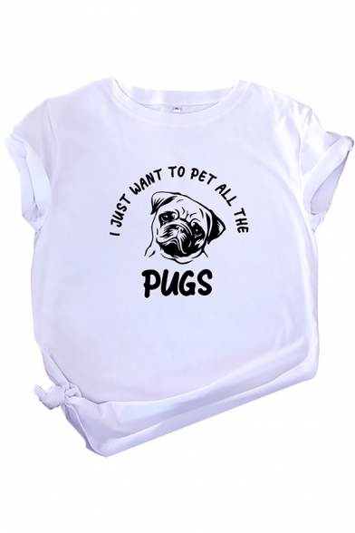 Basic Womens Rolled Short Sleeve Crew Neck Letter PUGS Dog Graphic Slim Fit T Shirt