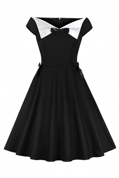 Black Vintage Short Sleeve V-Neck Bow Tie Patchwork Contrasted Midi Pleated Swing Dress for Women