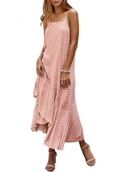 Bohemian Ladies Sleeveless Polka Dot Print Ruffled Trim Bi-Layered Irregular Hem Maxi A-Line Cami Dress