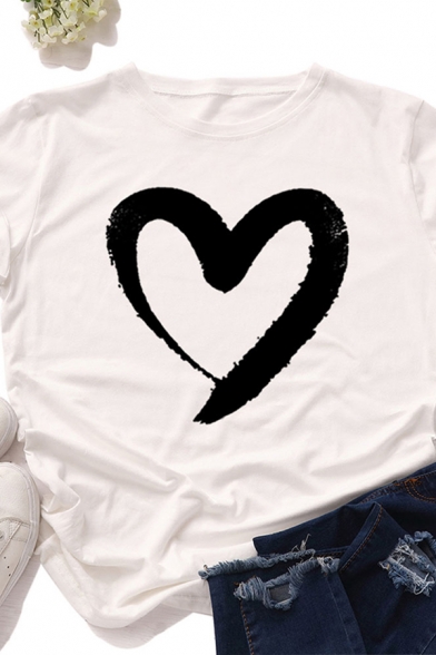 Casual Girls Roll Up Sleeve Crew Neck Heart Printed Slim Fitted T-Shirt