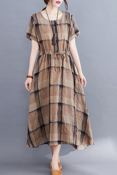 Casual Vintage Short Sleeve Round Neck Drawstring Waist Plaid Print Linen and Cotton Long Swing Dress for Ladies