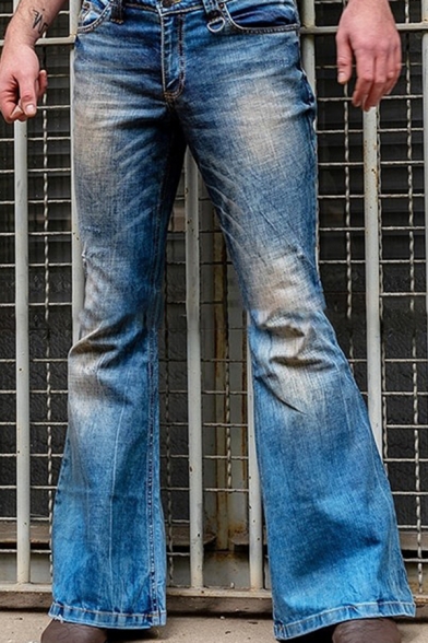 Chic Mens High Rise Bleach Long Length Flared Leg Jeans in Blue (Pictures for Reference)