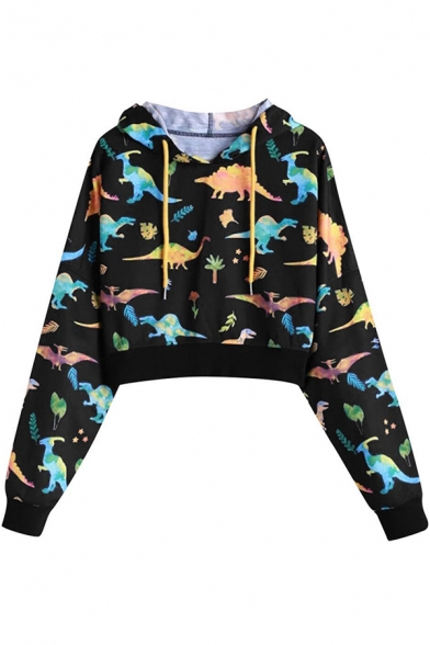 

Chic Womens Long Sleeve Drawstring All Over Dinosaur Printed Relaxed Crop Hoodie, Black;navy, LC614869