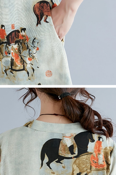 Chinese Style Womens Short Sleeve Mandarin Collar Oblique Frog Button All Over Cartoon Print Linen Mid Swing Cheongsam Dress in Beige