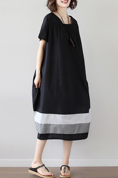 Cool Casual Girls Short Sleeve Round Neck Colorblock Linen and Cotton Midi Oversize Dress in Black