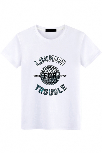 Cool Mens Short Sleeve Round Neck Letter LOOKING FOR TROUBLE Print Loose Tee Top
