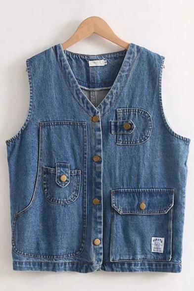 Cool Womens Blue Sleeveless V-Neck Button Down Flap Pockets Utility Relaxed Fit Denim Waistcoat