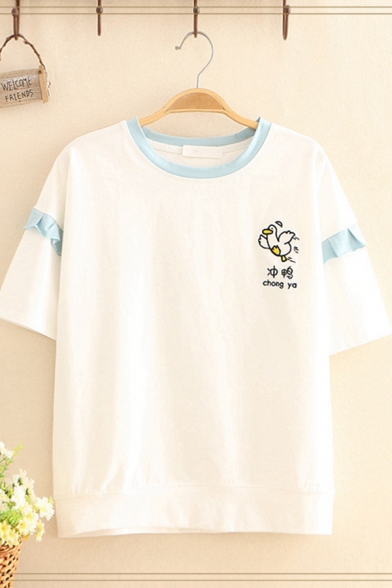 Cute Womens Short Sleeve Round Neck Stringy Selvedge Chinese Letter Duck Graphic Contrasted Relaxed T Shirt