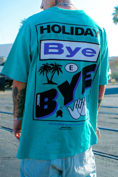 Holiday Bye Coconut Tree Graphic Short Sleeve Crew Neck Label Panel Oversize Fashion Tee Top for Guys