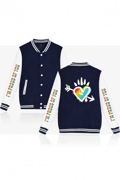 Popular Guys Long Sleeve Button Up Letter I'M PROUD OF YOU Striped Heart Graphic Colorblock Loose Baseball Jacket