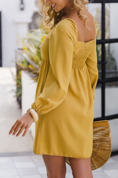 Pretty Stylish Womens Solid Color Blouson Sleeve Square Neck Button Down Pleated Back Short A-Line Dress in Yellow