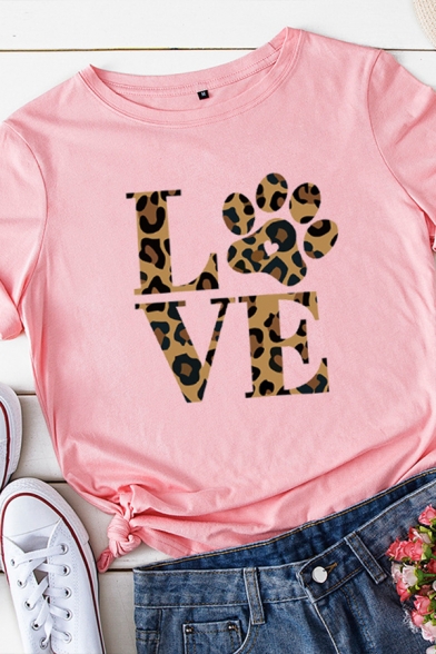 Simple Lovely Girls Rolled Short Sleeve Crew Neck Letter LOVE Leopard Print Slim Fit T Shirt