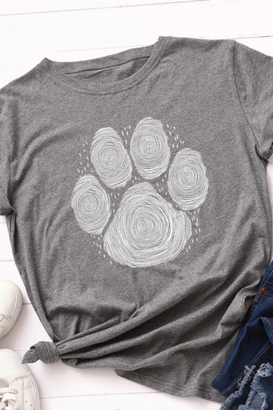 Stylish Ladies Rolled Short Sleeve Crew Neck Footprint Printed Slim Fit T Shirt