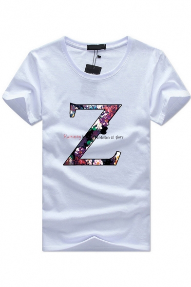 Summer Simple Boys Short Sleeve Round Neck Letter Z Print Slim Fitted T-Shirt