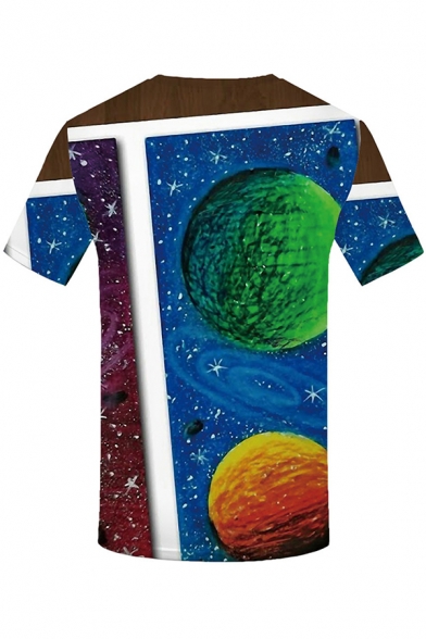 Cool Popular Boys Short Sleeve Crew Neck Oil Painting Planet 3D Printed Colorblocked Fitted T Shirt in Blue