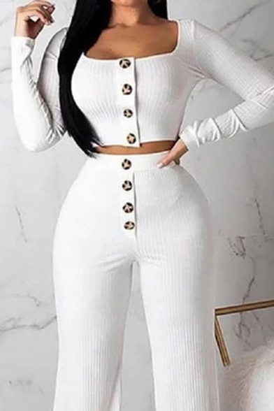 Edgy Ladies Solid Color Long Sleeve Square Neck Button Down Knitted Fit Crop Tee & Long Straight Pants Set