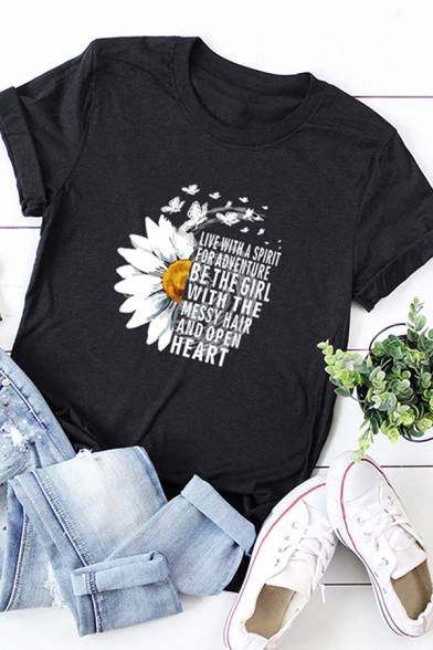 Fancy Girls Roll Up Sleeve Crew Neck Letter BE THE GIRL Floral Printed Relaxed Graphic T-Shirt