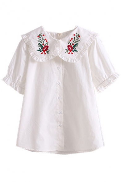 Girls Ethnic Floral Embroidered Stringy Selvedge Peter Pan Collar Short Sleeve Button down Loose Shirt in White
