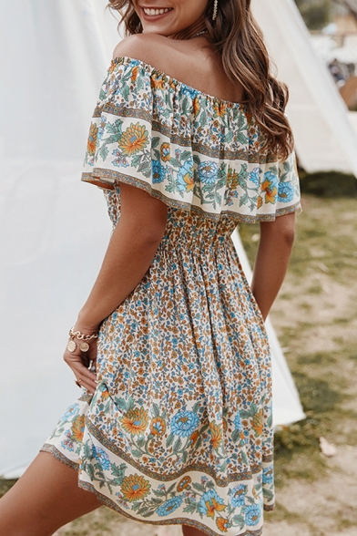 Gorgeous Ladies Off the Shoulder Ruffled Trim All Over Flower Pattern Mini A-Line Dress
