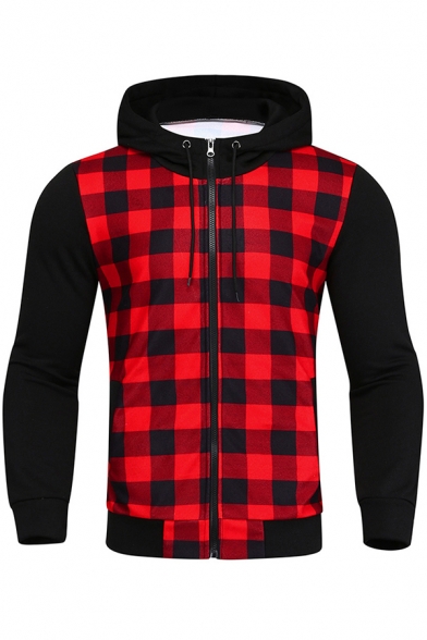 Leisure Boys Long Sleeve Zip Up Drawstring Plaid Pattern Relaxed Fit Hoodie