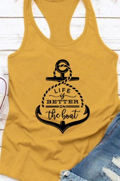 Popular Girls Sleeveless Scoop Neck Racerback Letter LIFE IS BETTER ON THE BOAT Print Relaxed Tank Top