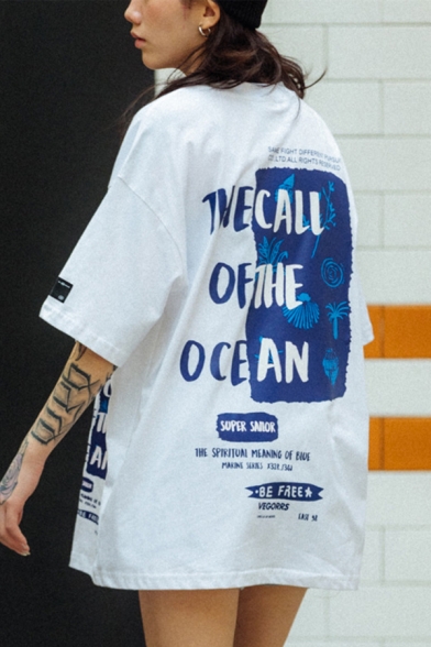 Popular Guys Short Sleeve Crew Neck Letter THE CALL OF THE OCEAN Floral Graphic Color Block Loose T Shirt