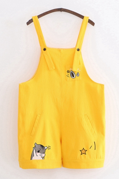 Preppy Girls Sleeveless Cartoon Hamster Seeds Print Patched Pocket Rolled Edge Straight Suspender Shorts