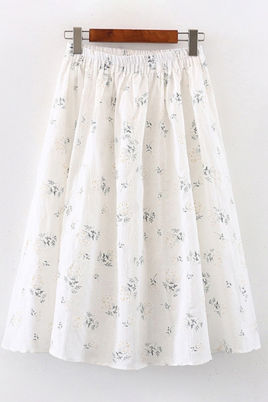 Pretty Ladies Elastic Waist Ditsy Floral Print Long Pleated A-Line Skirt in White