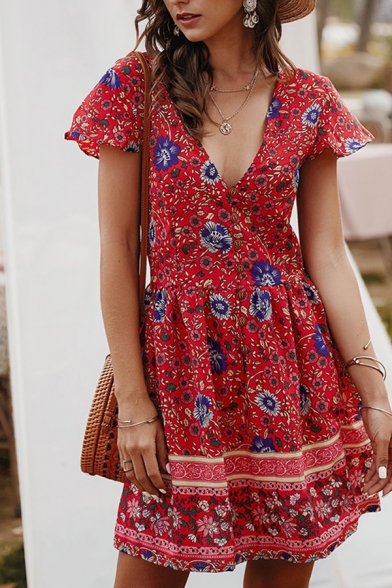 Pretty Ladies Short Sleeve V-Neck Button Down All Over Floral Printed Short A-Line Dress
