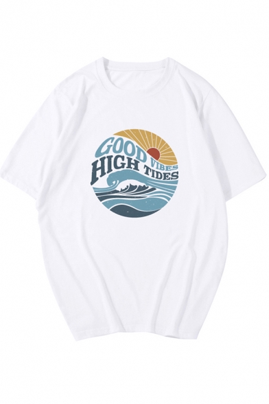 Stylish Womens Short Sleeve Crew Neck Letter GOOD VIBES HIGH TIDES Wave Graphic Relaxed Fit Tee Top