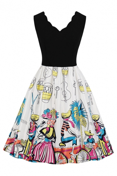 Black Cartoon Figure Print Patched Sleeveless Scalloped V-Neck Gorgeous Mid Pleated Swing Dress for Girls