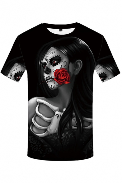 Black Creepy Cool Short Sleeve Crew Neck Cartoon Girl Rose 3D Patterned Slim Fit T-Shirt for Guys