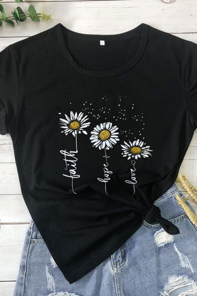 Casual Womens Short Sleeve Crew Neck Letter Daisy Graphic Slim Fit T-Shirt