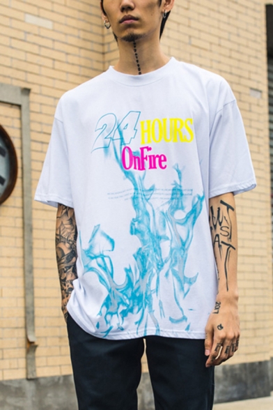 Chic Colorful Letter Hours Online Flame Graphic Short Sleeve Crew Neck Relaxed Fit Tee Top for Guys