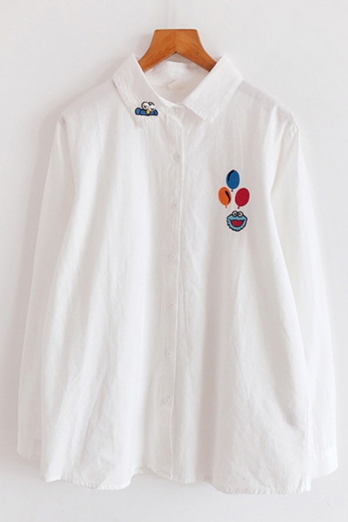 Cute Girls Long Sleeve Lapel Neck Button Up Cartoon Embroidered Patched Relaxed Fit Shirt in White