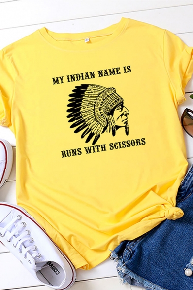 Fancy Girls Roll Up Sleeve Crew Neck Letter MY INDIAN NAME IS BUNS WITH SCISSORS Cartoon Graphic Regular Fit Tee Top