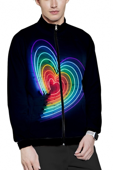 Fashionable Mens Long Sleeve Mock Neck Zipper Front Colorful Animal Heart Gender Symbol Printed Regular Fit Sweatshirt in Black