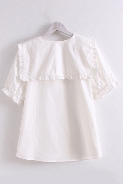 Girls Ethnic Floral Embroidered Stringy Selvedge Peter Pan Collar Short Sleeve Button down Loose Shirt in White