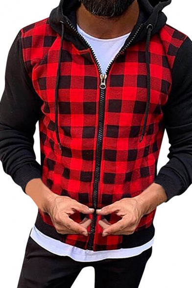 Leisure Boys Long Sleeve Zip Up Drawstring Plaid Pattern Relaxed Fit Hoodie