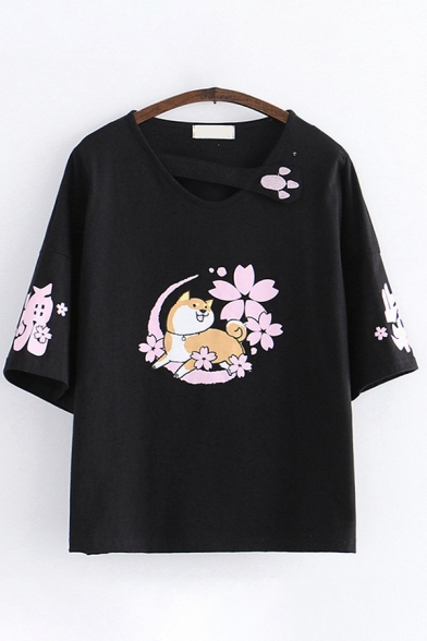 Lovely Dog Floral Pattern Half Sleeves Paw Patched Cut out V-Neck Loose Fit T Shirt for Women