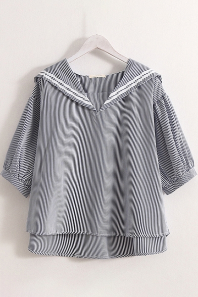 Preppy Girls Three-Quarter Sleeve Sailor Collar Stripe Printed High Low Hem Relaxed Shirt