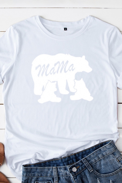 Simple Basic Rolled Short Sleeve Crew Neck Letter MAMA Bear Graphic Slim Fit Tee Top for Girls